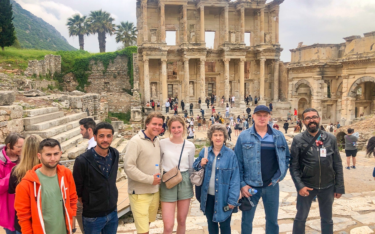 Tour group at the Celsus Library in Ephesus during Private Ephesus and Sirince Village Tour.