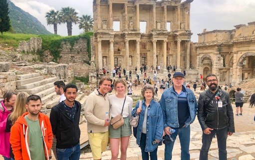 Tour group at the Celsus Library in Ephesus during Private Ephesus and Sirince Village Tour.