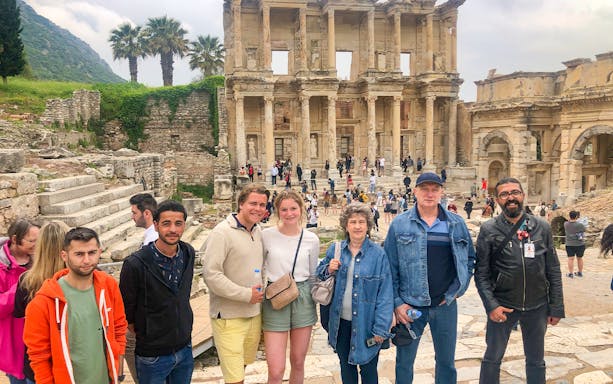 Tour group at the Celsus Library in Ephesus during Private Ephesus and Sirince Village Tour.