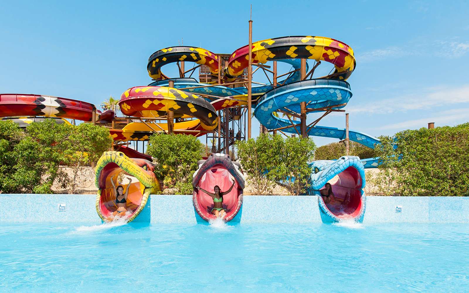 Anaconda water slide at Aqualand El Arenal with colorful snake-themed tubes.