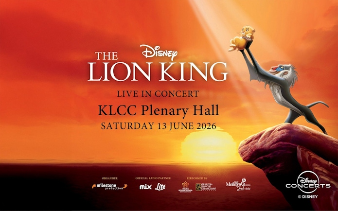 Lion King live concert at KLCC Plenary Hall, June 13, 2026, sunset background.