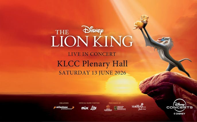 Lion King live concert at KLCC Plenary Hall, June 13, 2026, sunset background.