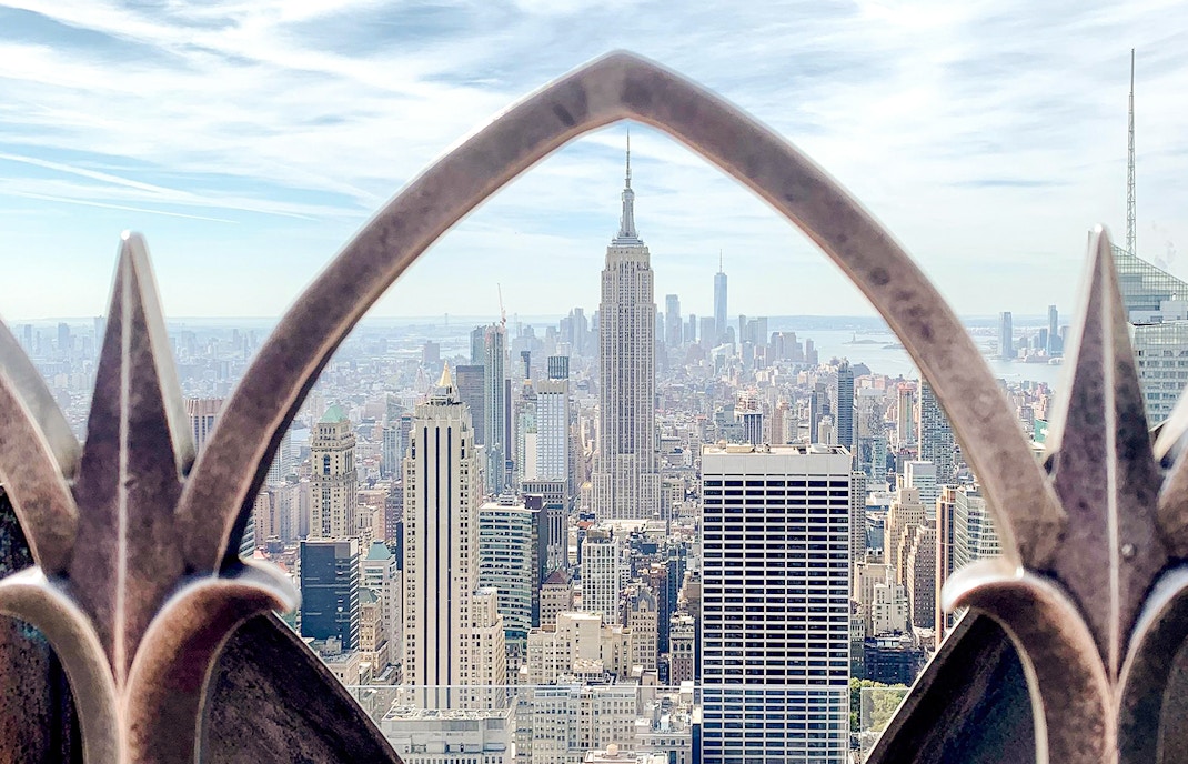 New York City skyline with Empire State Building from Top of the Rock, Rockefeller Center.