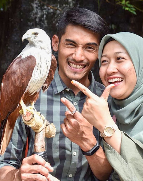 Couple smiling with a Brahminy Kite at Langkawi Wildlife Park.