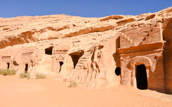 Ancient rock-cut tombs in AlUla, Saudi Arabia, part of a private 2-day tour from Madinah.