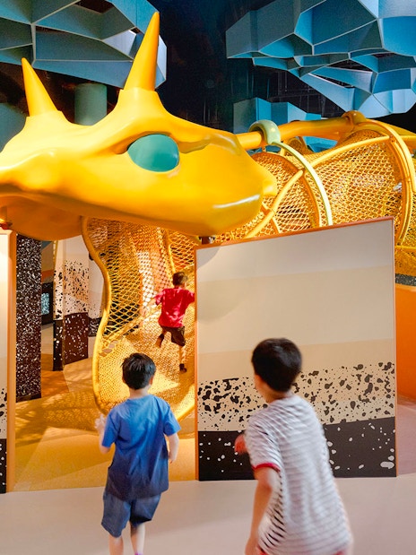 Children exploring giant snake structure at Curiosity Cove Dryland exhibit.