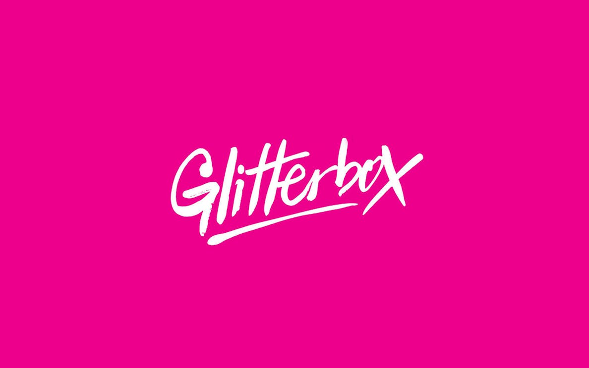 Glitterbox logo on pink background for Hï Ibiza Sundays.