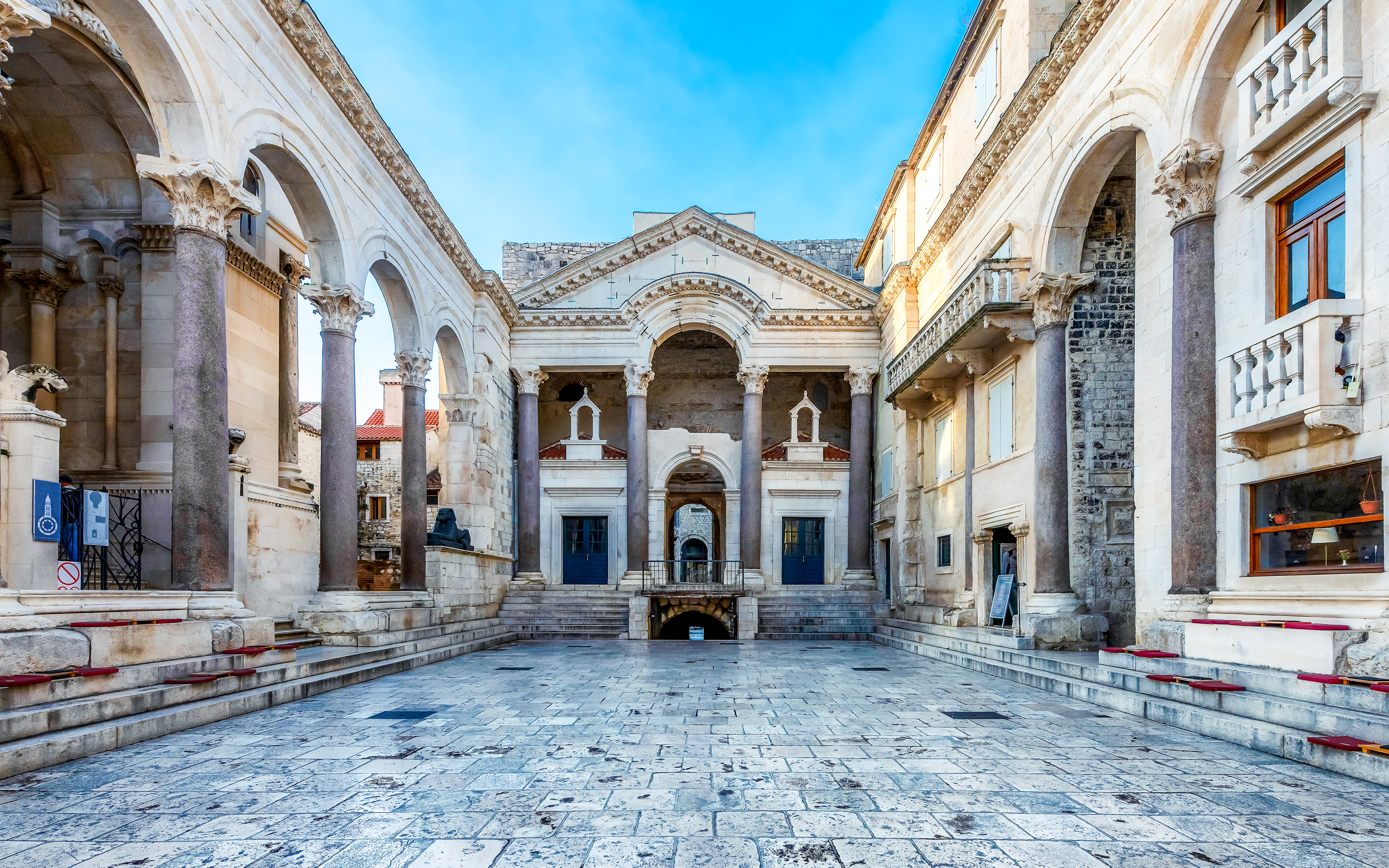 Diocletian's Palace courtyard with ancient columns in Split, Croatia.