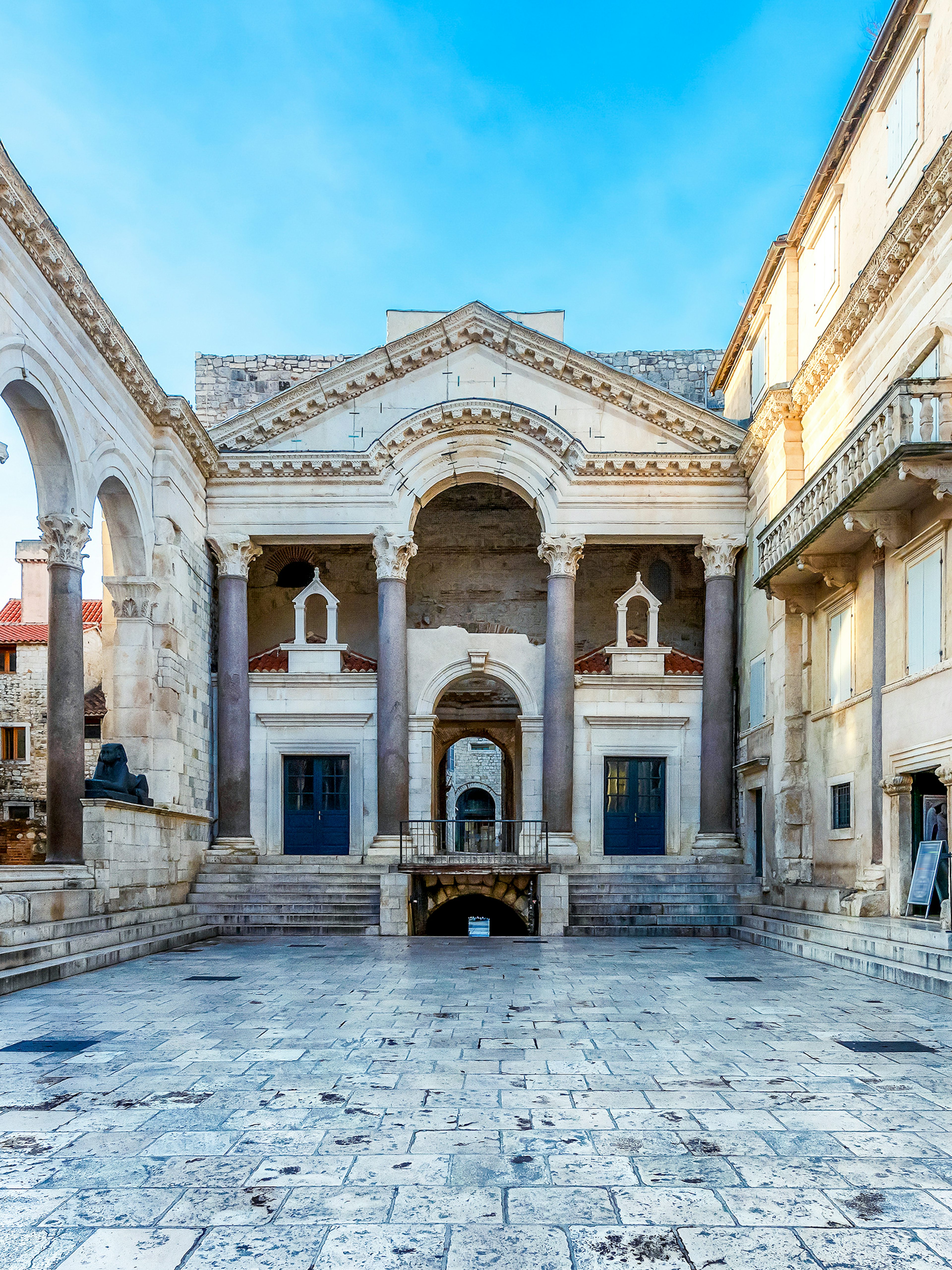 Diocletian's Palace courtyard with ancient columns in Split, Croatia.