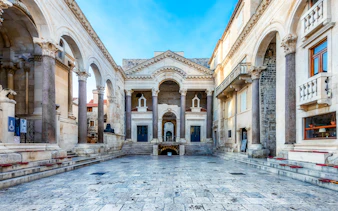 Diocletian's Palace courtyard with ancient columns in Split, Croatia.