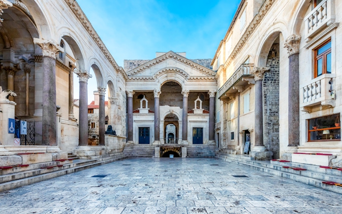 Diocletian's Palace courtyard with ancient columns in Split, Croatia.
