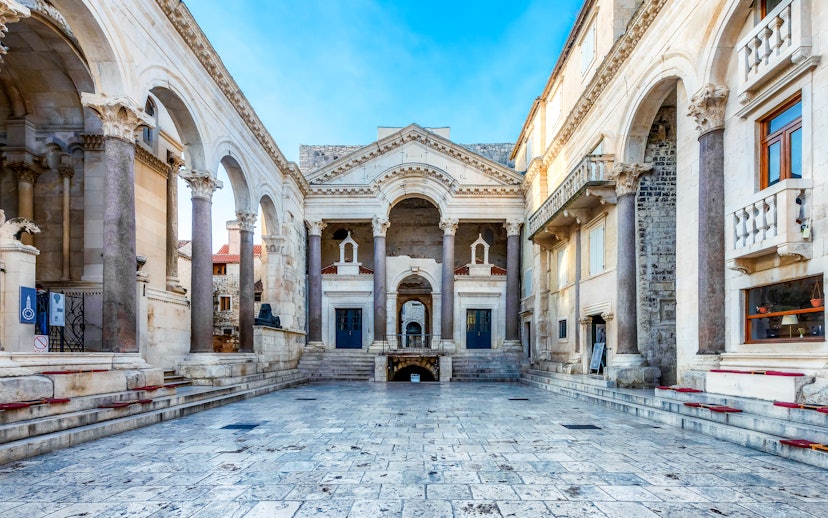Diocletian's Palace courtyard with ancient columns in Split, Croatia.