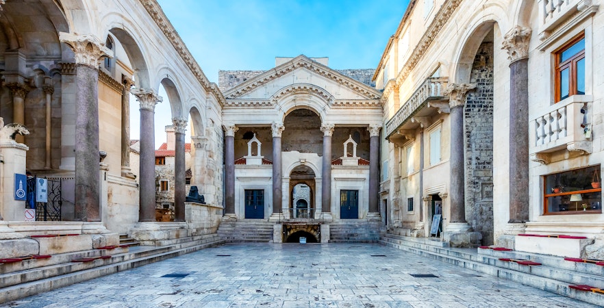 Diocletian's Palace courtyard with ancient columns in Split, Croatia.