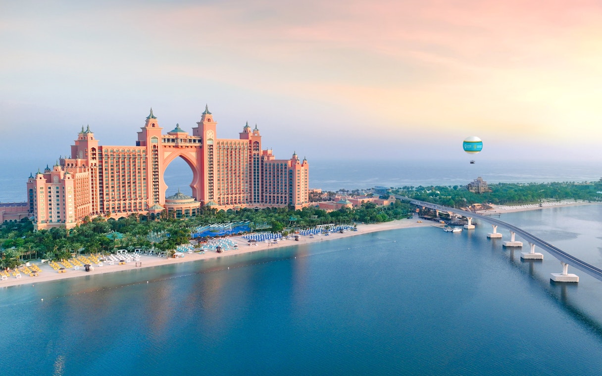 Dubai Balloon floating near Atlantis The Palm resort, Dubai coastline in view.