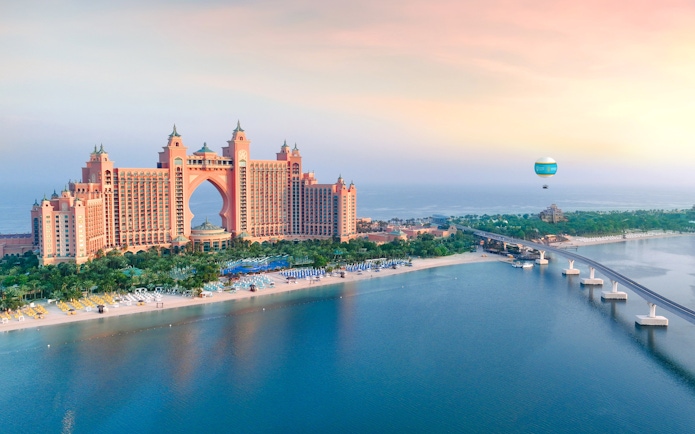 Dubai Balloon floating near Atlantis The Palm resort, Dubai coastline in view.