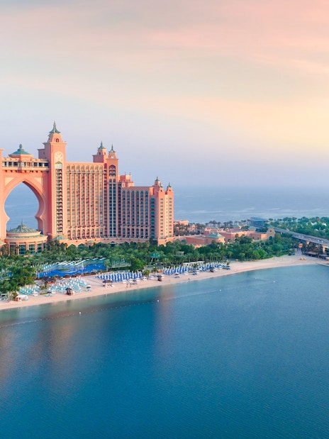 Dubai Balloon floating near Atlantis The Palm resort, Dubai coastline in view.