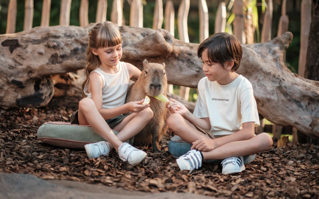 Children feeding a capybara at Bali Zoo.