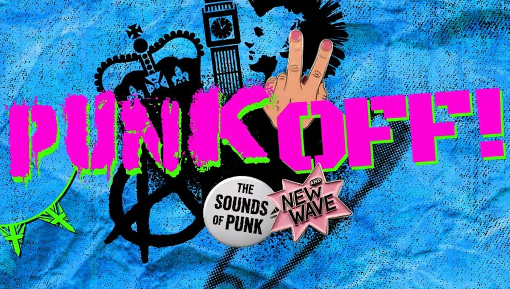 Punk Off event poster with London landmarks and punk symbols