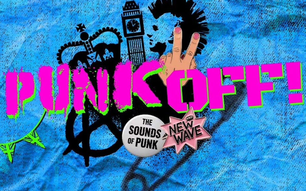 Street performers in colorful costumes playing instruments at Punk Off event, London.