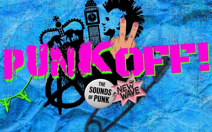 Punk Off event poster with London landmarks and punk symbols