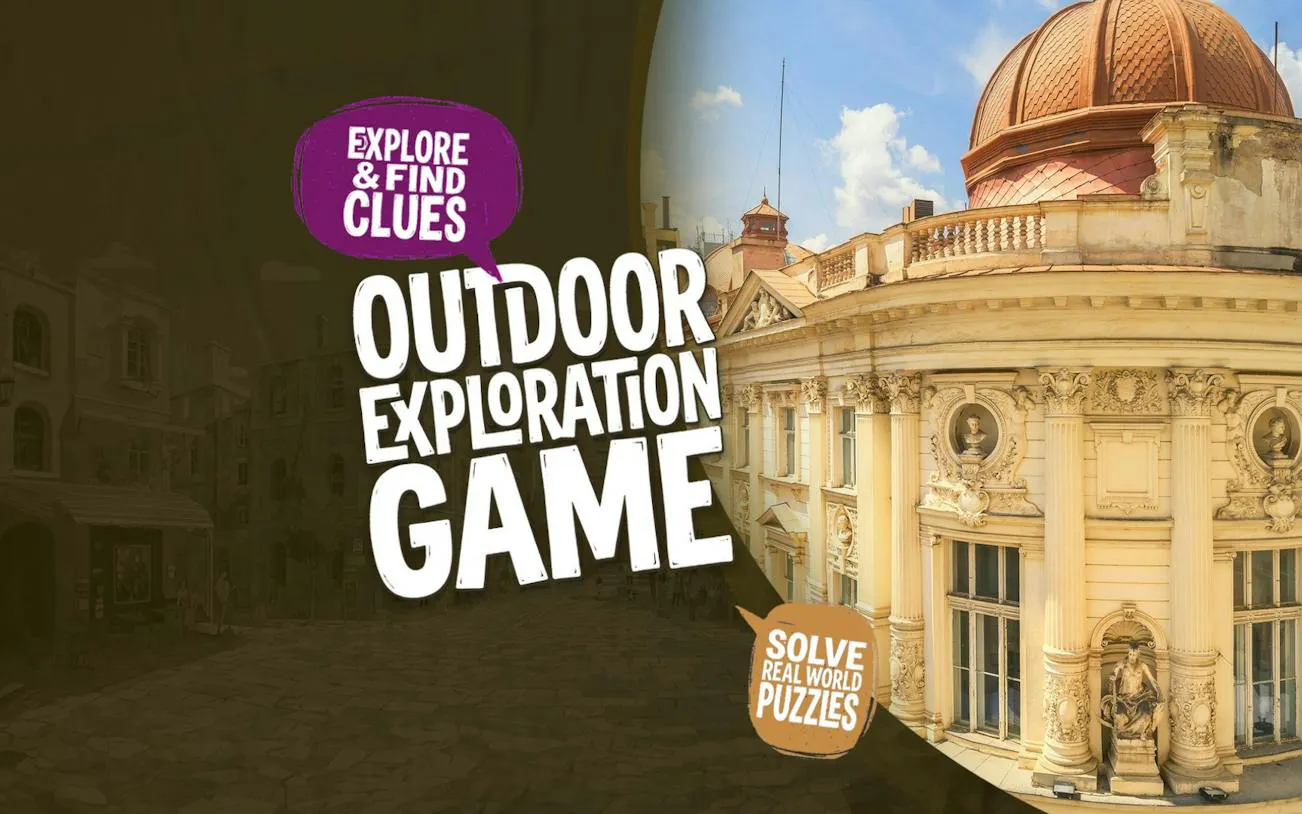 Bucharest outdoor exploration game with historic architecture and puzzle clues.