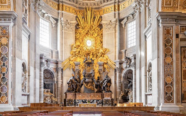 Chair of Saint Peter in St. Peter's Basilica, Rome, with ornate sculptures and golden rays.
