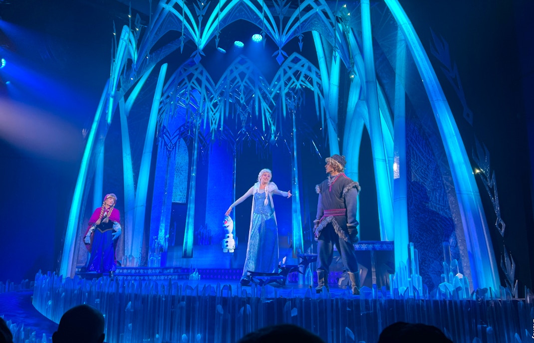 Elsa and Anna performing on stage at Disneyland Paris Animagique Theatre during Frozen: A Musical Invitation.