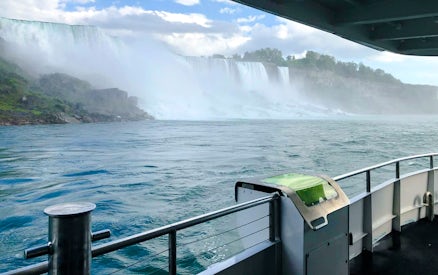 Boat view approaching Niagara Falls on the USA side during a tour.