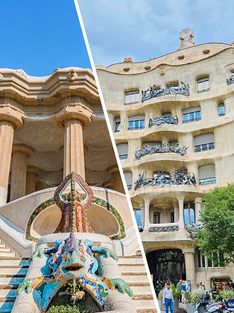 Park Güell entrance and La Pedrera-Casa Milà facade in Barcelona.