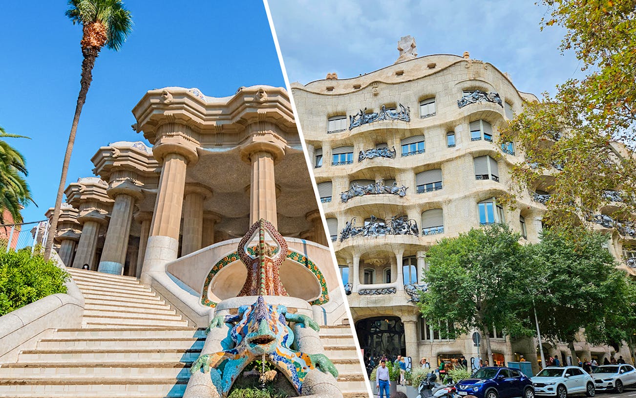 Park Güell entrance and La Pedrera-Casa Milà facade in Barcelona.