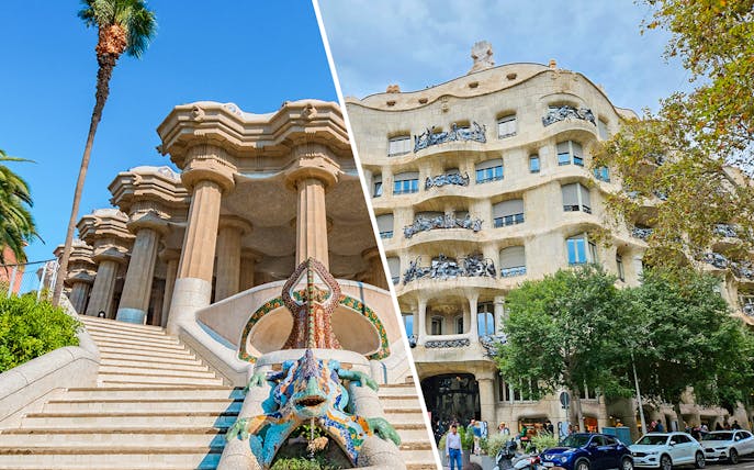 Park Güell entrance and La Pedrera-Casa Milà facade in Barcelona.