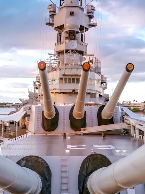 USS Missouri battleship deck with large naval guns, Pearl Harbor, Hawaii.
