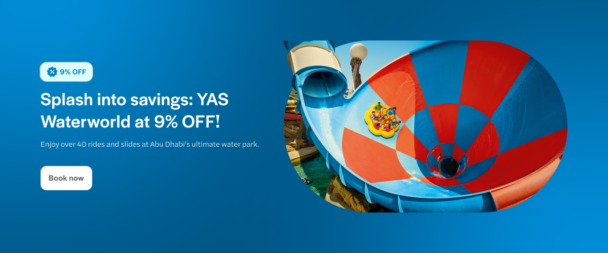 Yas Waterworld Abu Dhabi slide with people on a raft, promoting 9% discount offer.