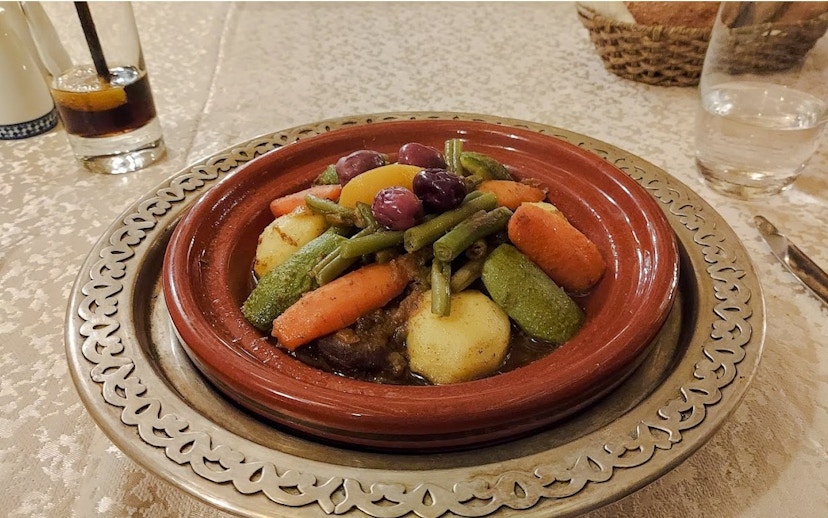 Moroccan tagine with vegetables served at Sky 28 lounge bar, Kenzi Tower Hotel, Casablanca.