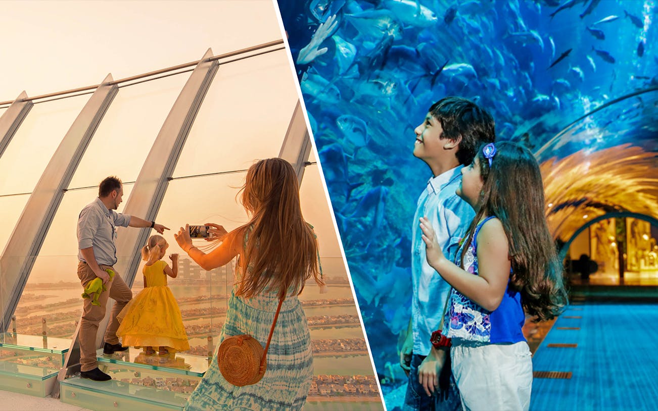 Family enjoying views at The Palm and exploring Dubai Aquarium tunnel.