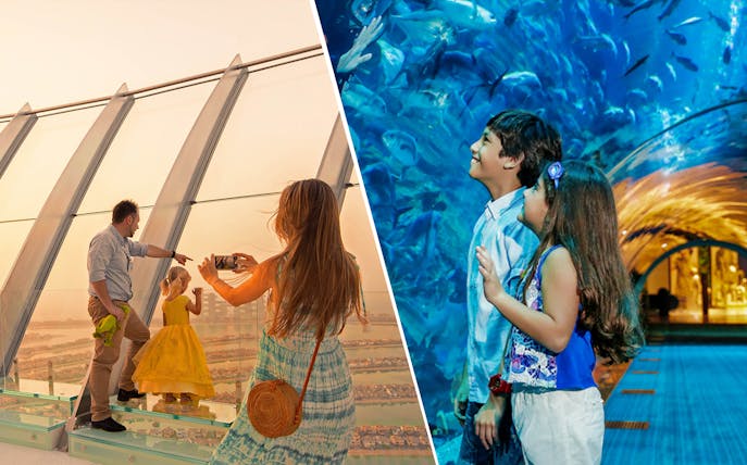Family enjoying views at The Palm and exploring Dubai Aquarium tunnel.