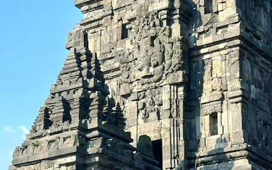Prambanan Temple intricate stone carvings and architectural details in Yogyakarta, Indonesia.