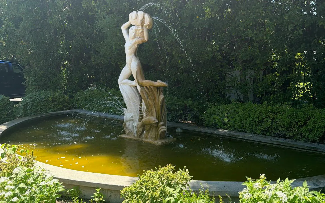 Fountain with a statue of a figure holding a jug, surrounded by greenery in New Orleans.