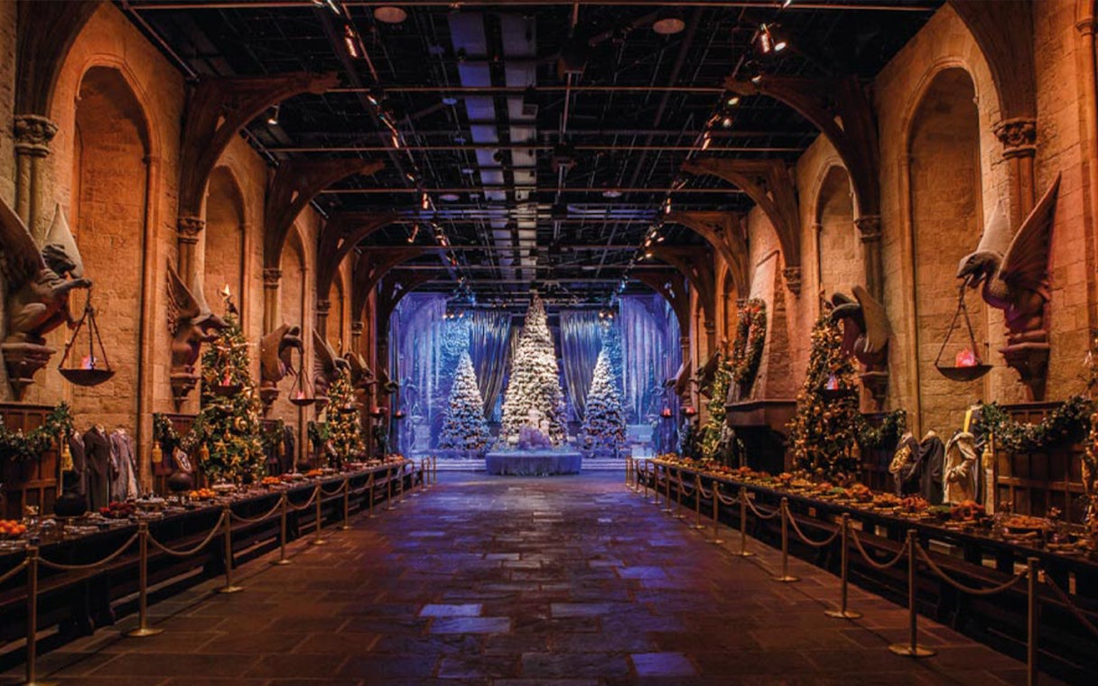 Great Hall decorated for Christmas at Harry Potter Studio, London.