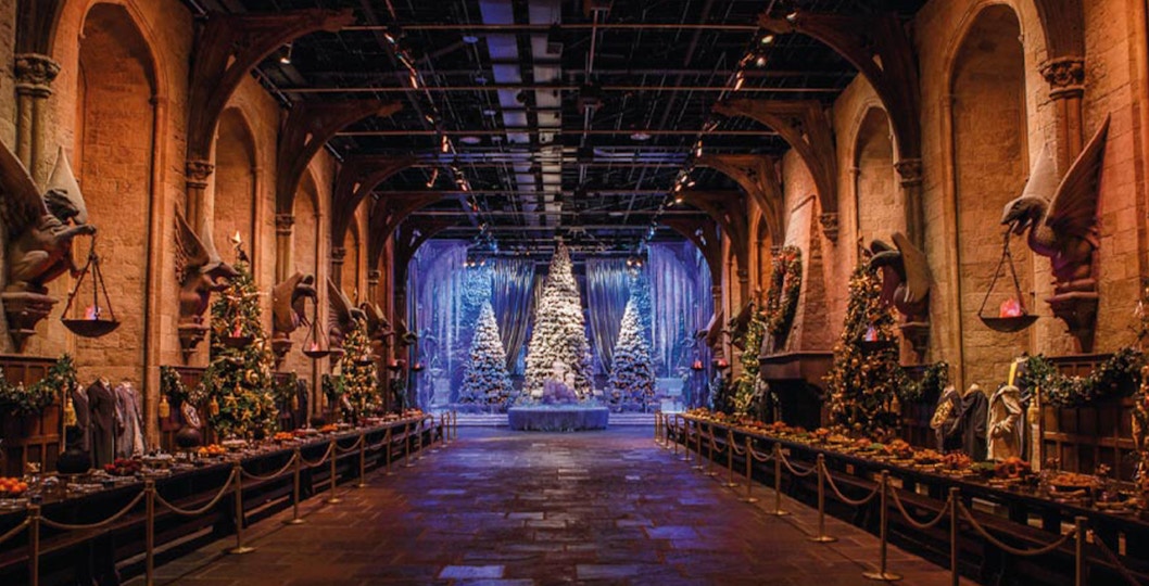 Great Hall decorated for Christmas at Harry Potter Studio, London.