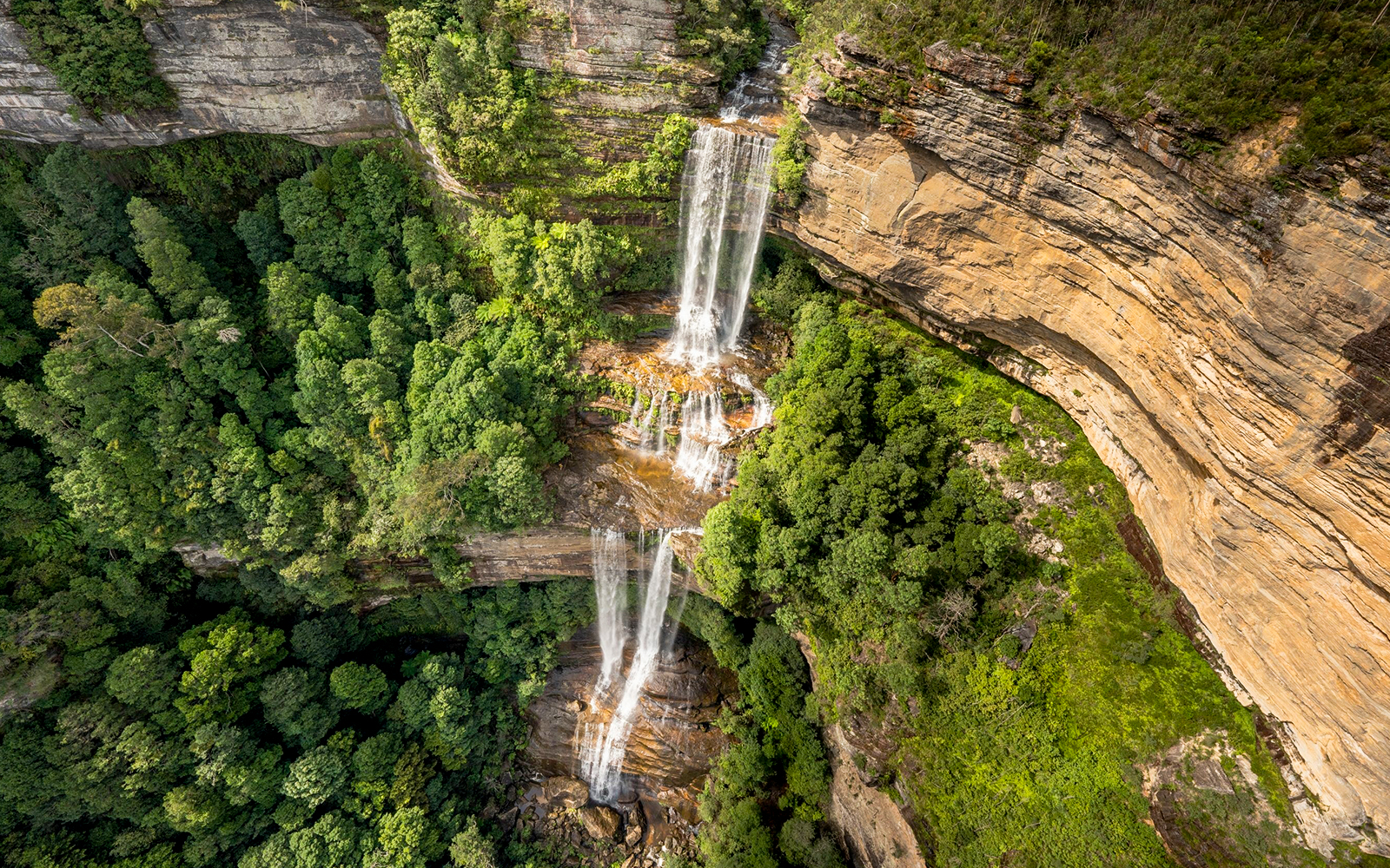 Aerial view of Katoomba Falls cascading through lush green forest, Blue Mountains, Australia.