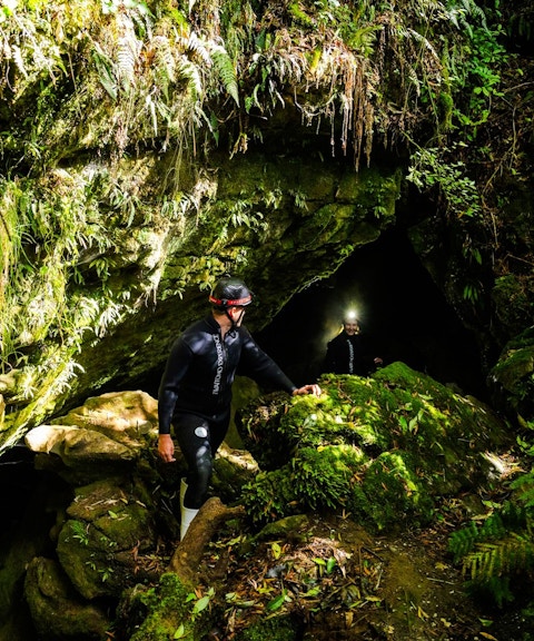 Explorers entering Okohua Glowworm Cave, surrounded by lush greenery, during the Waitomo Experience tour.