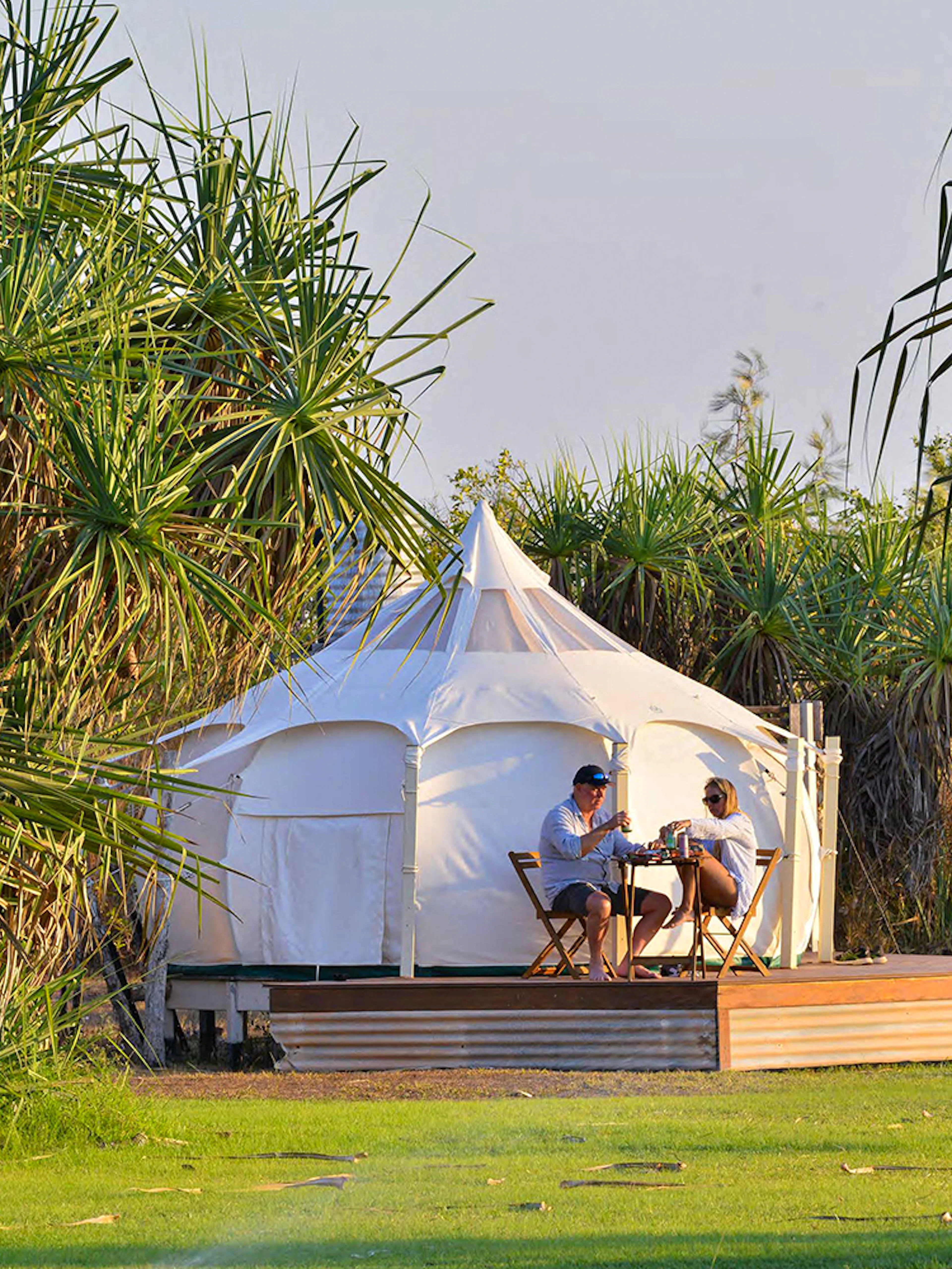 Overnight glamping tent with guests at Top End Safari Camp, Finniss River.