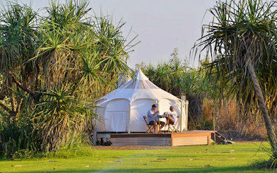 Overnight glamping tent with guests at Top End Safari Camp, Finniss River.