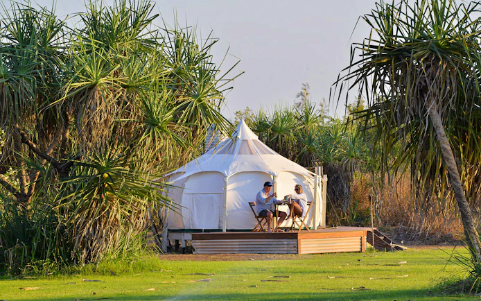 Overnight glamping tent with guests at Top End Safari Camp, Finniss River.