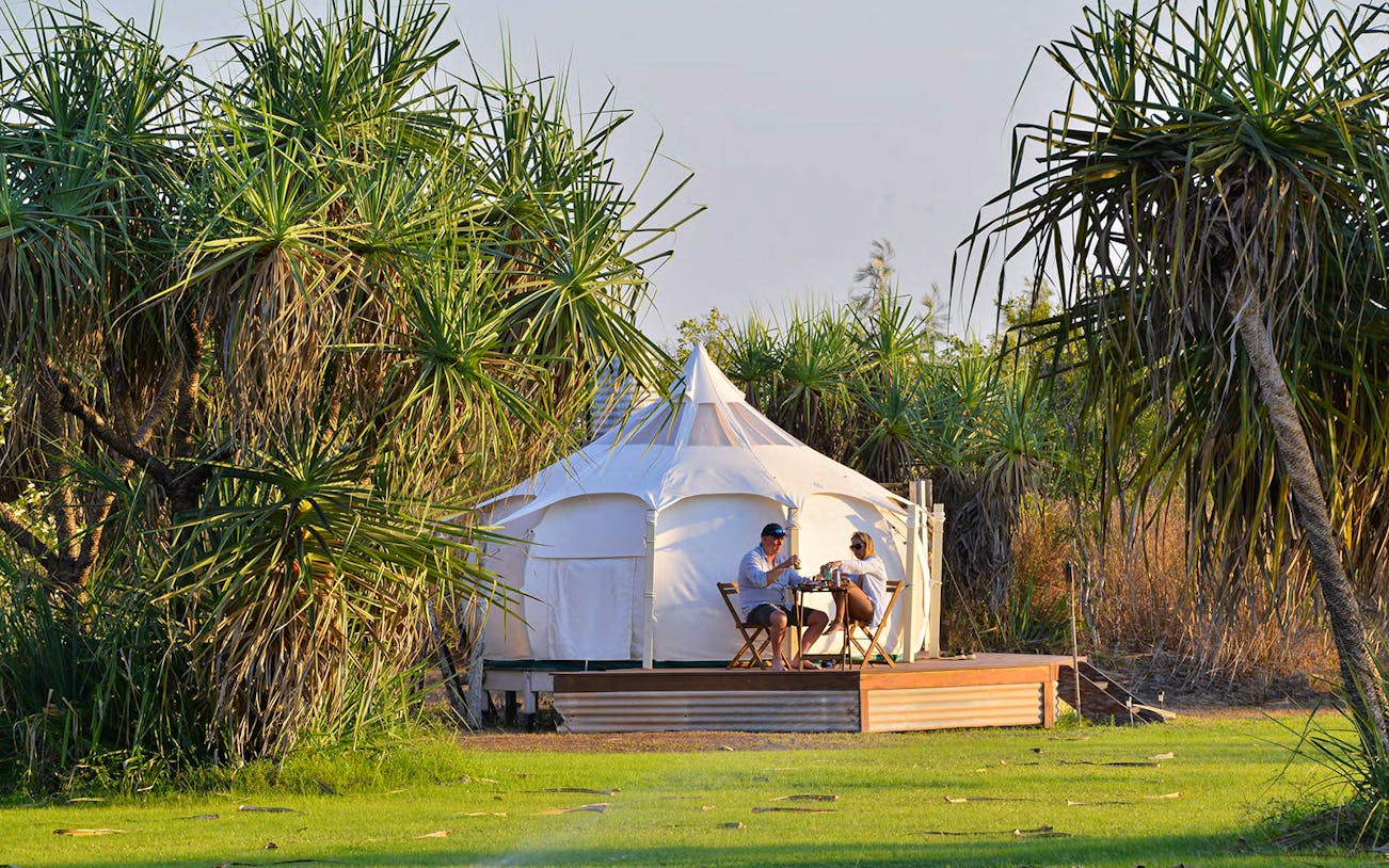Overnight glamping tent with guests at Top End Safari Camp, Finniss River.