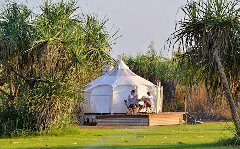 Overnight glamping tent with guests at Top End Safari Camp, Finniss River.