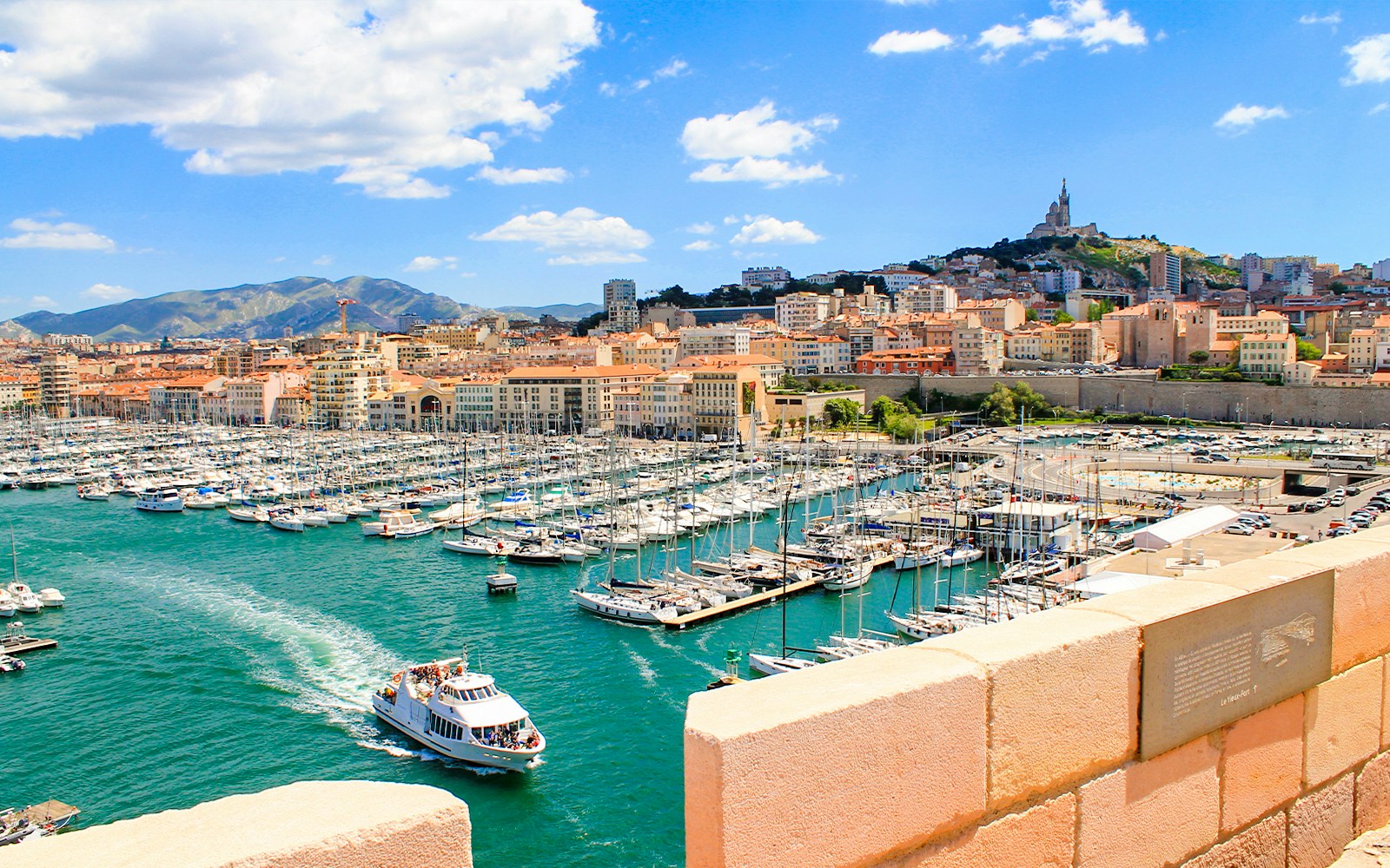 Vieux Port de Marseille with boats docked along the harbor, France.