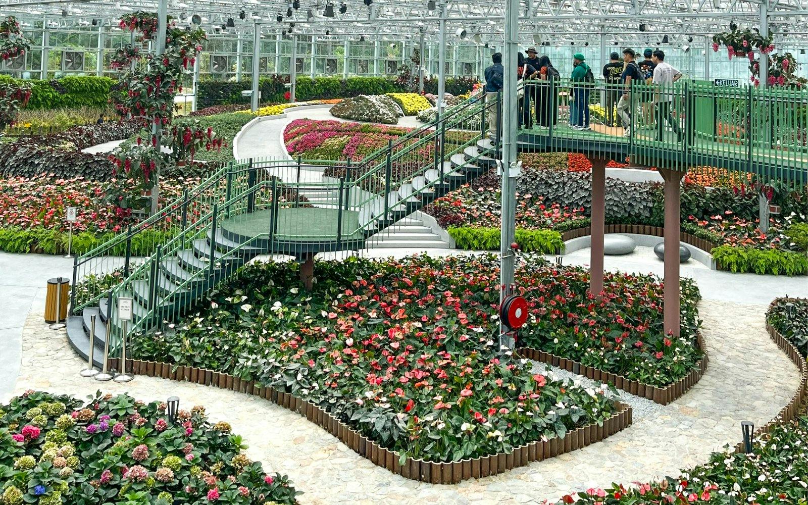 Walkway through vibrant flower displays at Eufloria Gardens & Sculpture Park.