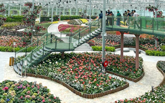 Walkway through vibrant flower displays at Eufloria Gardens & Sculpture Park.